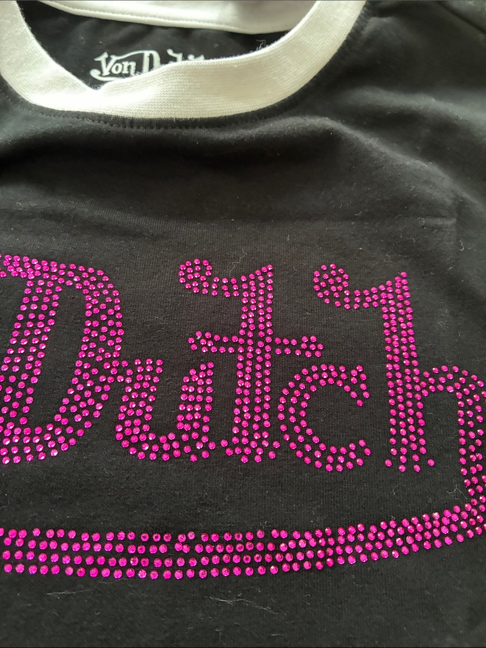 Von Dutch Black Tee with Pink Rhinestone Logo and White Trim - Picture 3 of 4